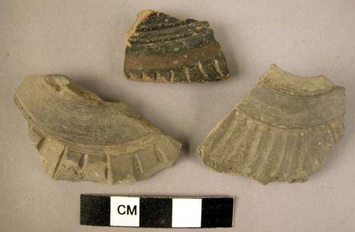 3 potsherds - gray ware, incised