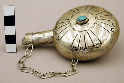 Canteen, silver w/ etched design and turq. stones, lid is attached by chain