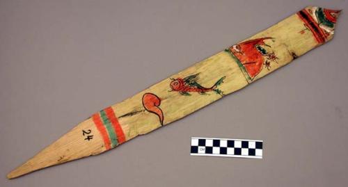 Ornament?, flat pointed stick, painted design with fishes