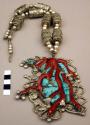 Necklace, silver, pendant of branch coral & 18 turquoise stones w/ open design