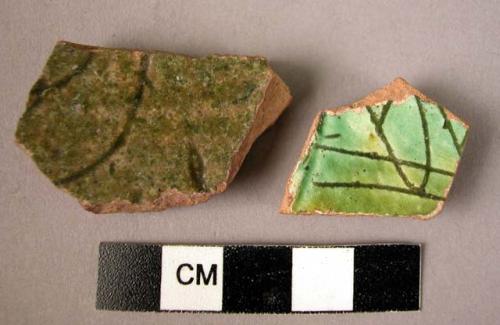 2 potsherds - green glaze - Sgraffito