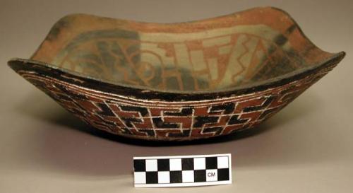 Earthenware bowl with cord-impressed and polychrome designs on exterior and polychrome designs on interior