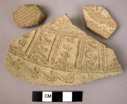 3 potsherds - buff, incised