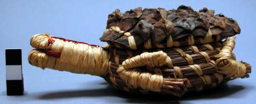 Coiled basket (A), with lid (B),  in shape of turtle