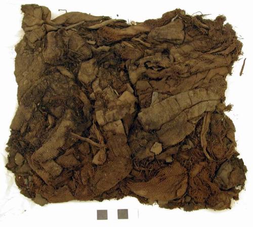 Organic, textile fragments, brown, mixed with dirt and floral remains