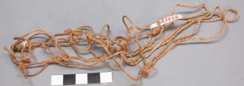 Fragment of net with beads and (opal?) pendant attached, covered with cedar bark