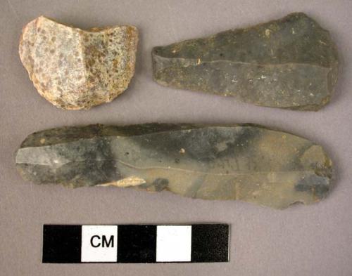 3 flint steep end of blade scrapers: two show signs of hard use