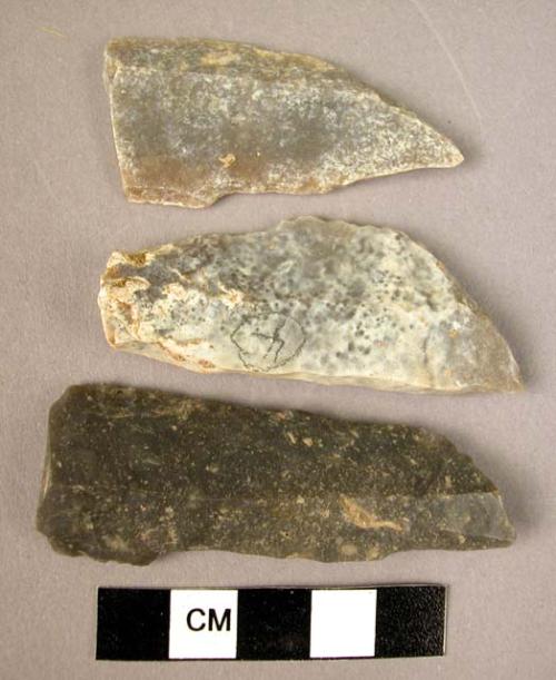 3 flint burins, type B IV: one shows signs of hard use on convex scaled surface;