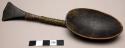 Spoon, carved wood, flared handle wrapped w/ metal wire, bowl split, worn