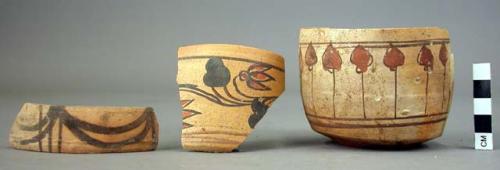 Cup of thin buff ware, sherd with lotus decoration,sherd with festoon decoration