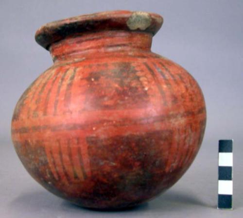 Pottery jar, red, black ornamentation extending to lower zone