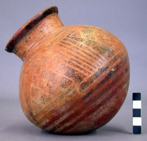 Pottery jar, small, red, black ornemtation on upper zone