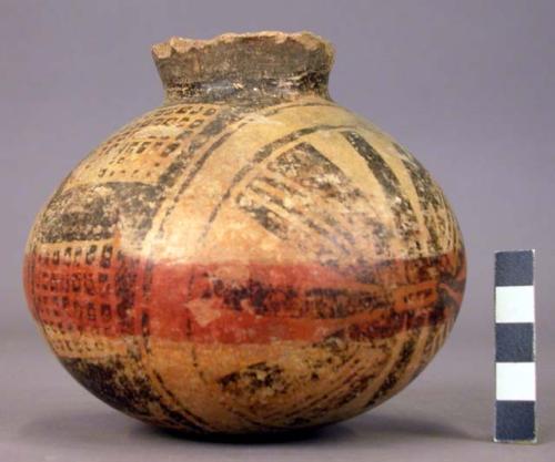 Pottery jar, yellow, red band and blcak ornamentation