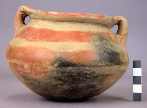 Pottery jar, with handles, red and yellow bands