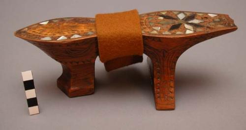 Pair of woman's clogs, wood with shell inlay and carving on the base