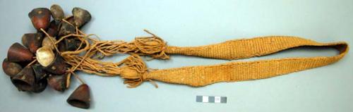 Red cotton belt with groups of nut and shell tassels on either side - ceremonial