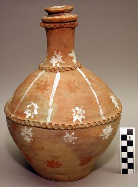 Earthenware complete vessel with stopper, polychrome designs on exterior