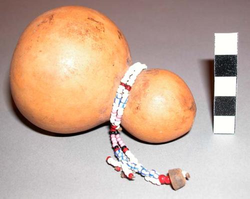 Small gourd with colored glass beads around neck, in witch doctor's basket