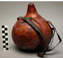 Gourd container, lid tied on, leather carrying strap, height 7 in.