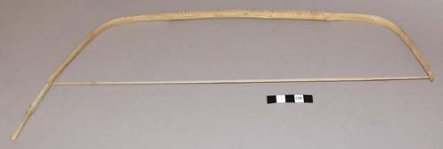 2 piece musical instrument - wooden bow notched on one side, strung with a reed.