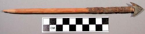 Projectile point, metal point, wood shaft with pegged end, sinew-bound