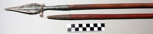 Spears, 1 ovate metal point, others missing, ridged, wood shaft