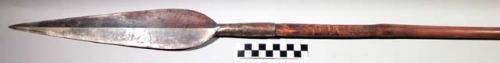 Wooden spear with large lanceolate-shaped iron point; no decoration