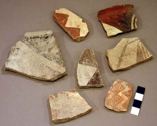 Ceramic rim and body sherds, black on white, red on white, geometric designs