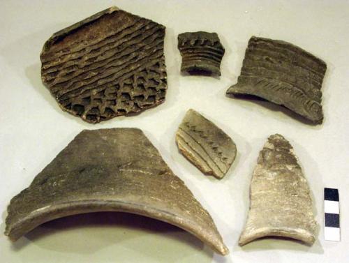 Ceramic rim and body sherds, incised, corrugated, punctate