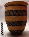 Basket with conical lid - jar shape, coiled weave, black geometric pattern, diam