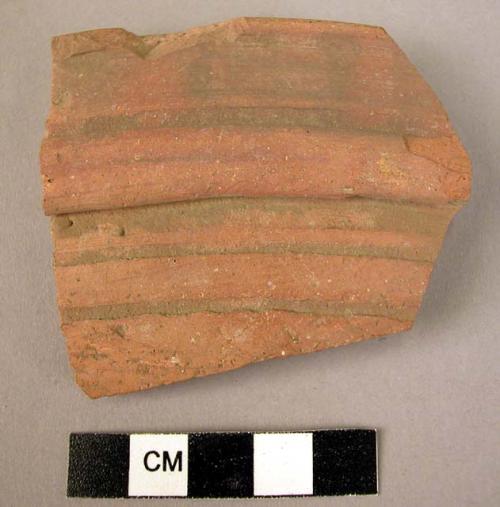 Rim potsherd - red-brown, incised, burnished & ribbed