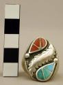 Silver ring with inlaid coral & turq. teardrop shapes, applied silver leaf