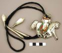 Bolo, silver w/ mosaic des. of Indian on horse, inlaid stone & shell, shell tips