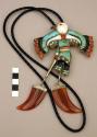 Bolo, silver w/ mosaic design of eagle dancer, terminals are red stone "claws"