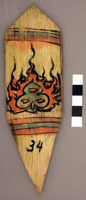 Ornament?, flat stick, painted flame-like design, black design other side