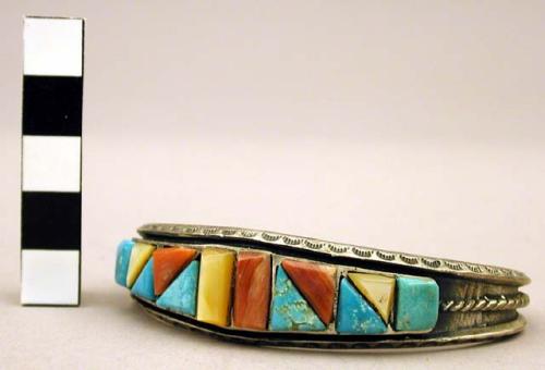 Cuff bracelet, narrow, silver band w/ triangular & rectangular inlaid stones