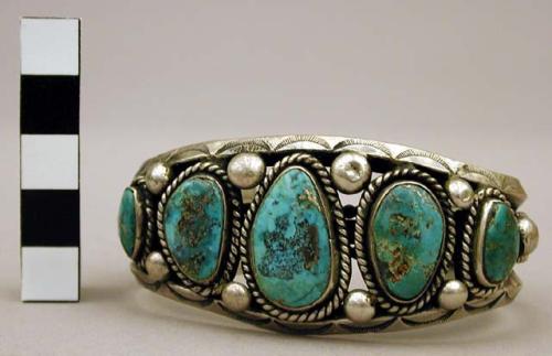 Cuff bracelet, silver bands odorned with turq. stones w/ silver rope settings