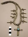 Silver necklace, cruciform pendant w/ turq. stone, 1 strand silver beads & cross