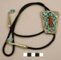 Bolo, heavy silver shield with stamped design, inlaid turquoise and coral