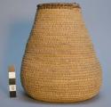 Basket with cover, leather round rim and edge of cover and basket