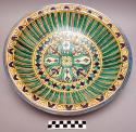 Large ceramic bowl, polychrome (blue, yellow, green on a buff color), glossy