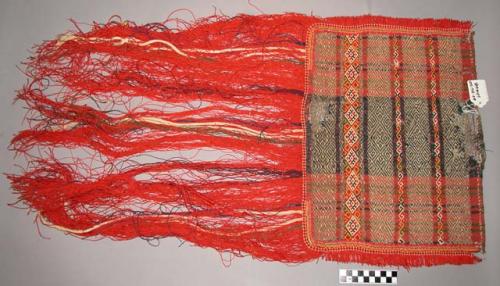 Piece of textile (16" x 13"), silver-gold & multi-colored with 20" red fringe on