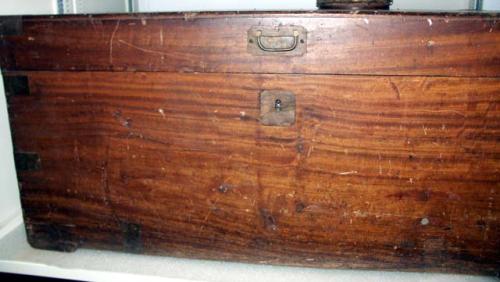 Large wooden chest with metal hinges and 2 metal handles; initials WJ