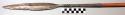 Spear, ovate metal blade, spiral stem, wood shaft, squared metal spike end