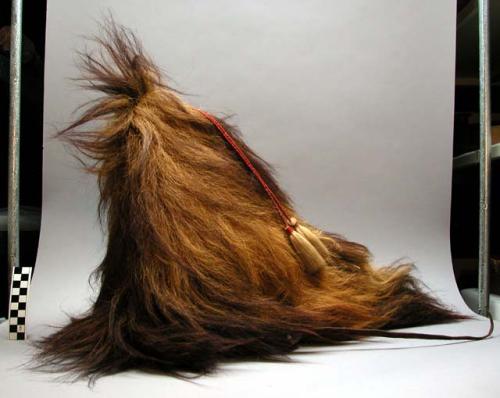 Headdress, lion mane, conical leather constr., chin strap w/beads, tassels