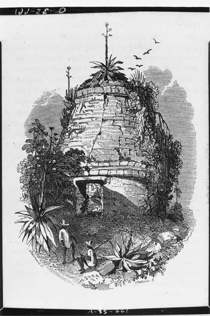 Stephens drawing of round building at Structure Q152