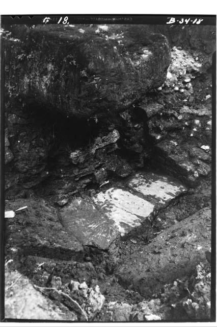 Base of Stela I with foundation stones on which it once stood. Seen from NW