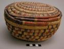 Covered basket, coiled weave