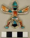 Silver pin in form of thunderbird, inlaid with turquoise, shell and obsidian. st