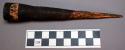 Wooden stake, 1 end worked to point, butt end flat, carved grooves, worn point